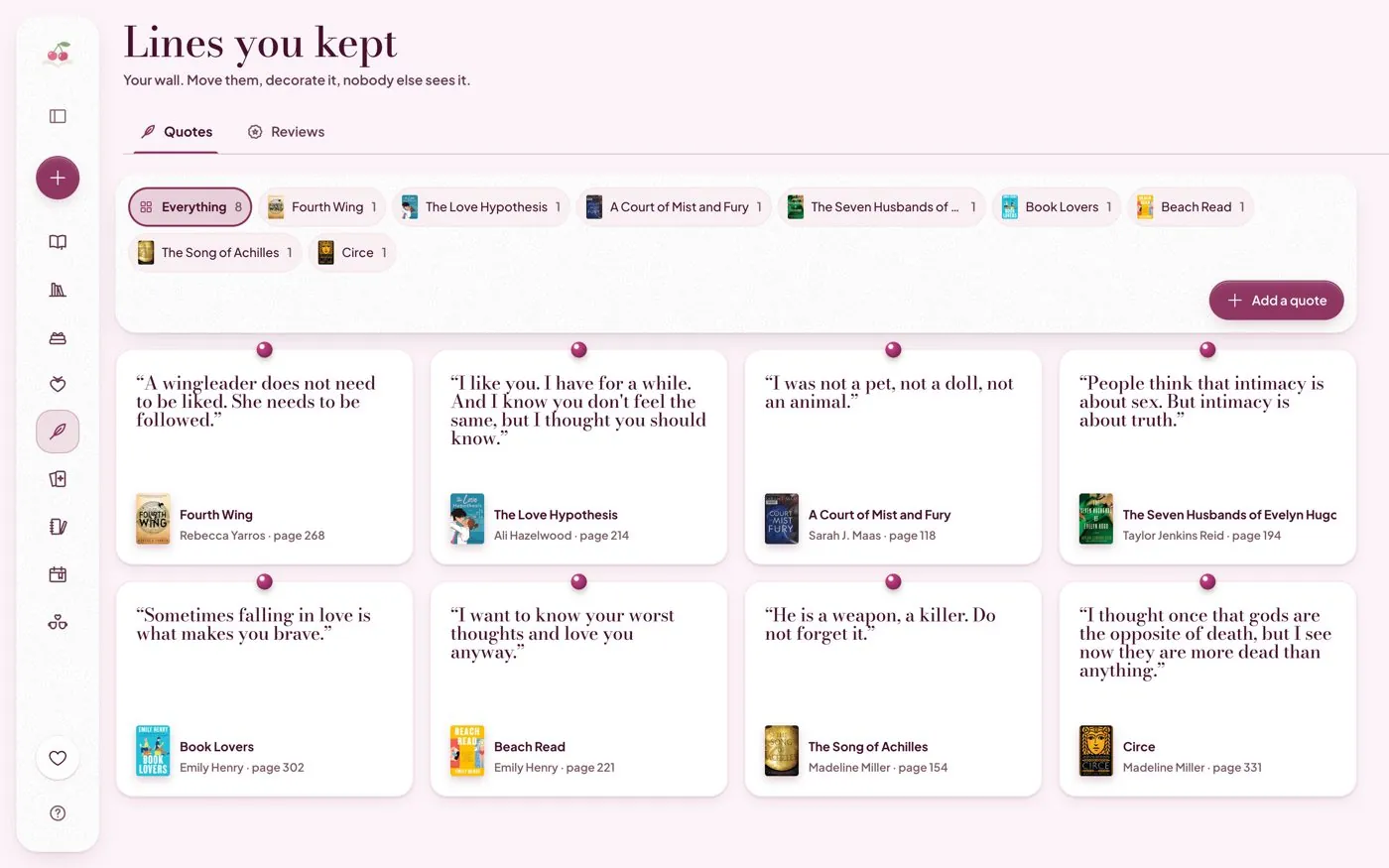 Saved book quotes on the Cherry Books quote wall, each with its book and page reference
