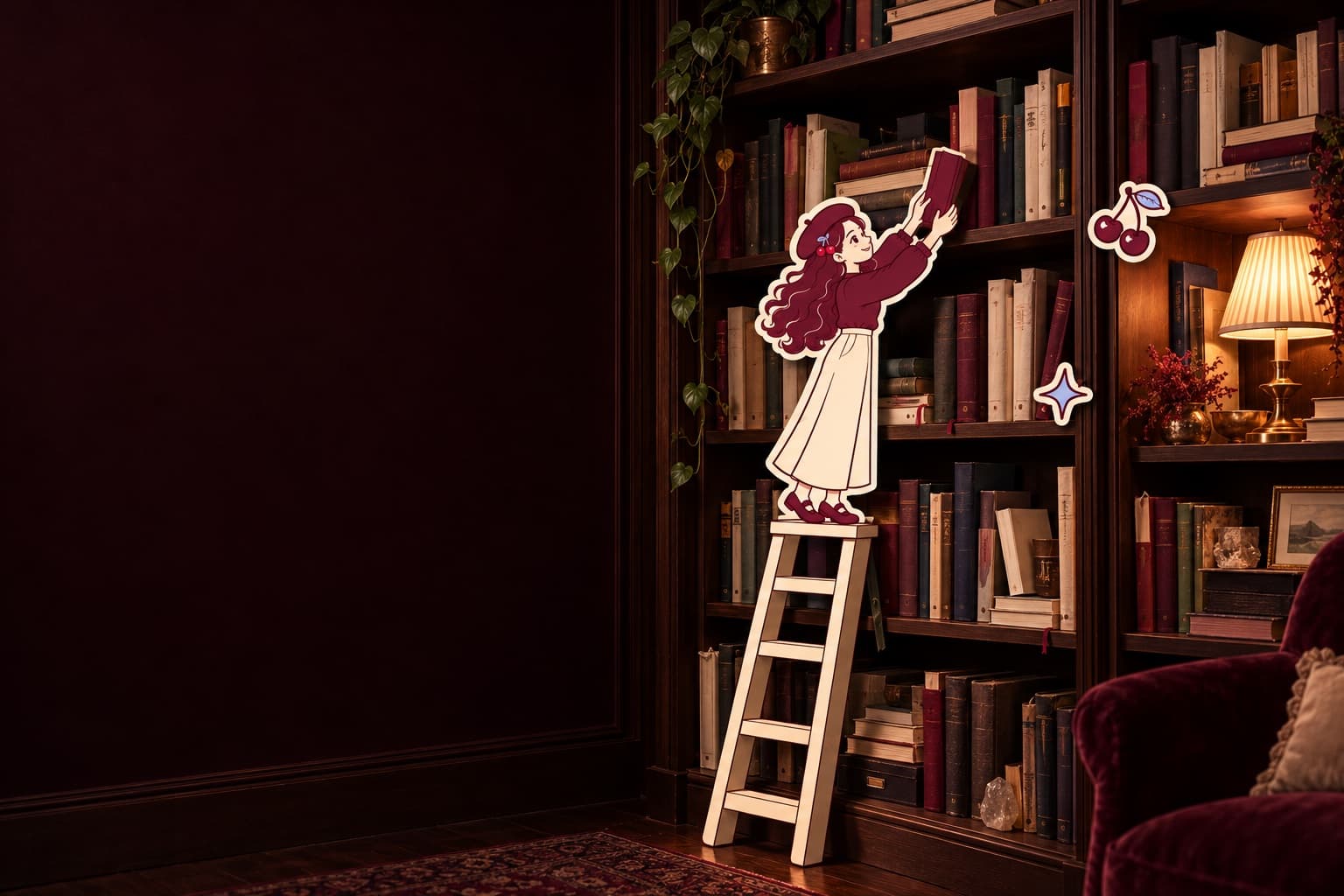 A sticker girl on a ladder putting a book back on a shelf in a dark home library
