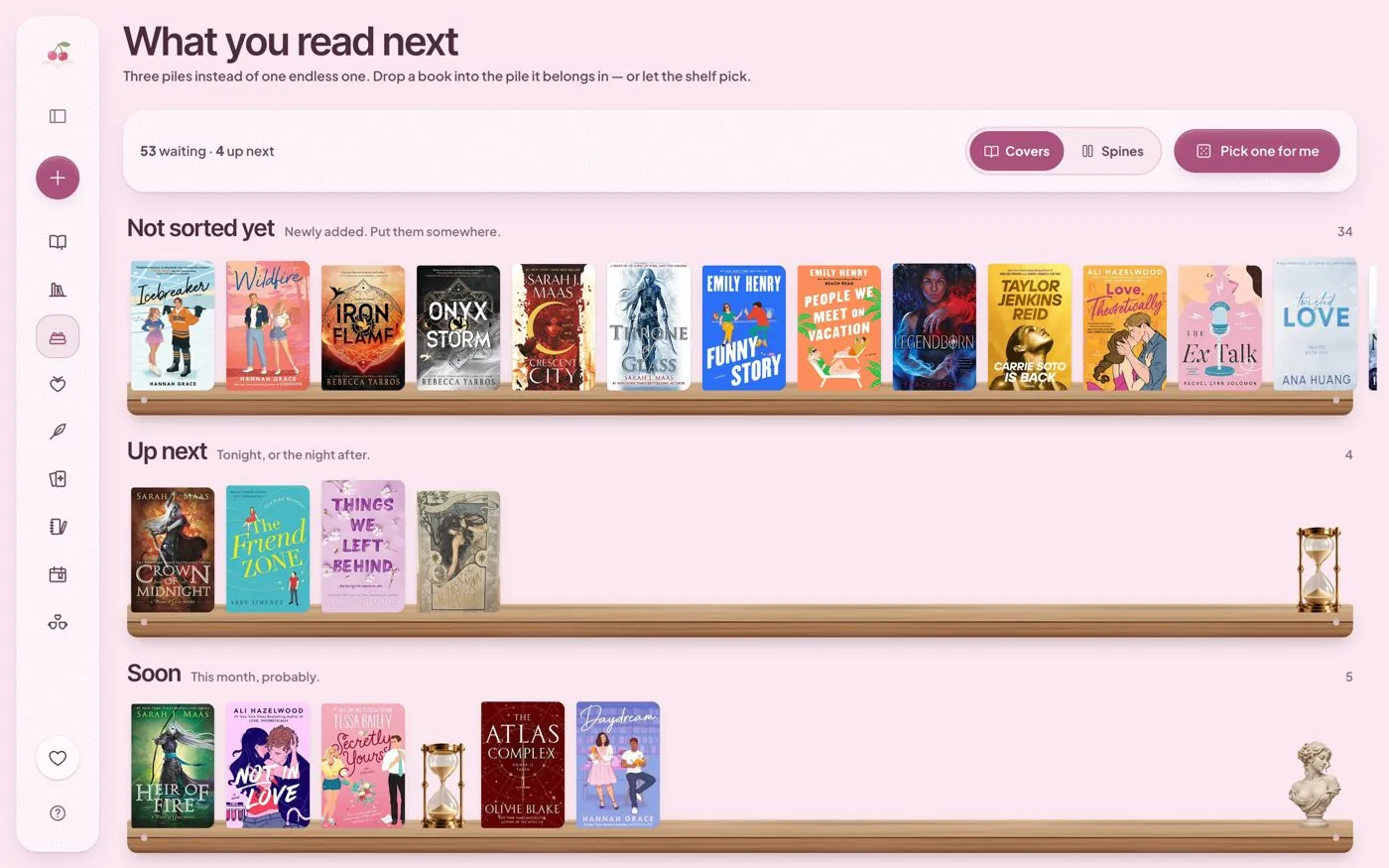 Cherry Books Up next page with book covers organised into TBR priorities