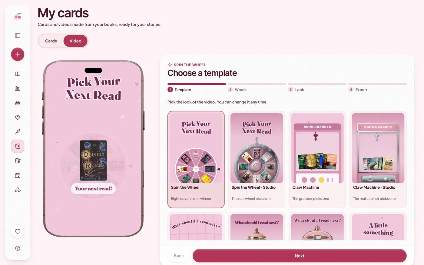 The Cherry Books video studio: a phone preview of a Pick Your Next Read wheel of eight covers and a choice of video templates