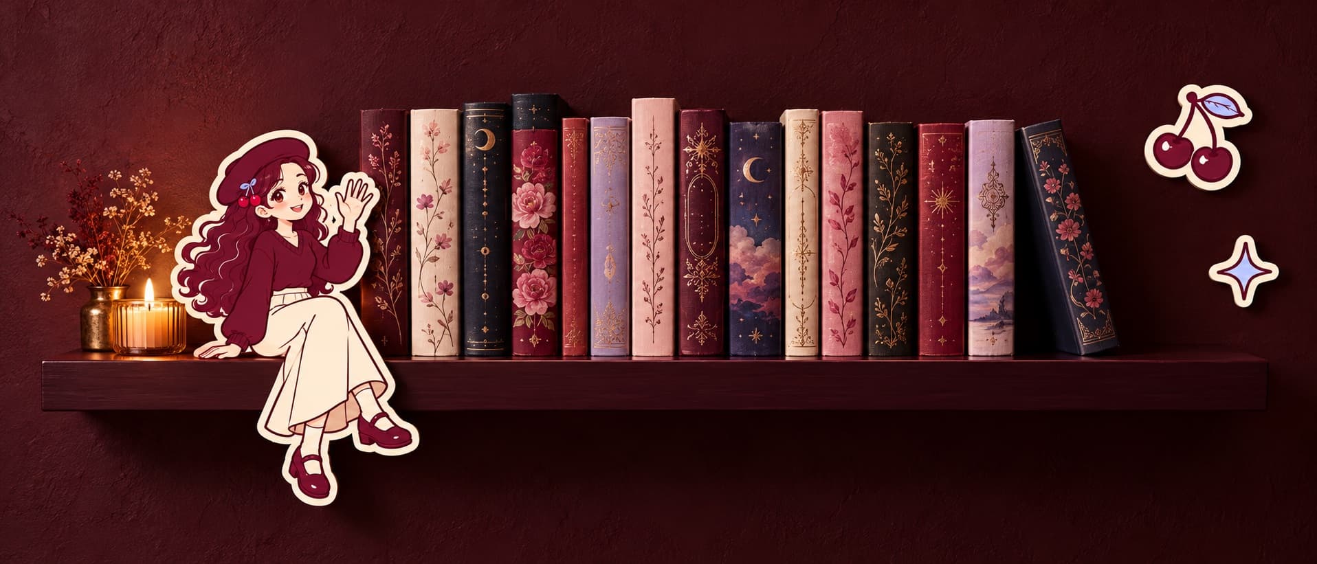 A row of romance novels on a wine-coloured wall shelf, with a sticker girl sitting on the end and waving