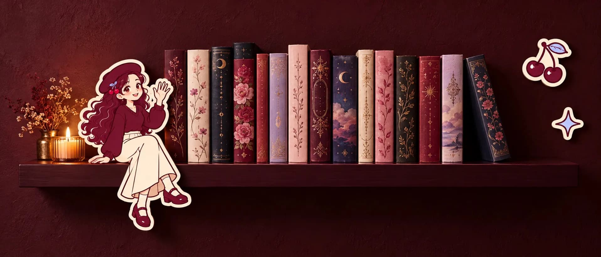 A row of romance novels on a wine-coloured wall shelf with a sticker girl sitting on the end